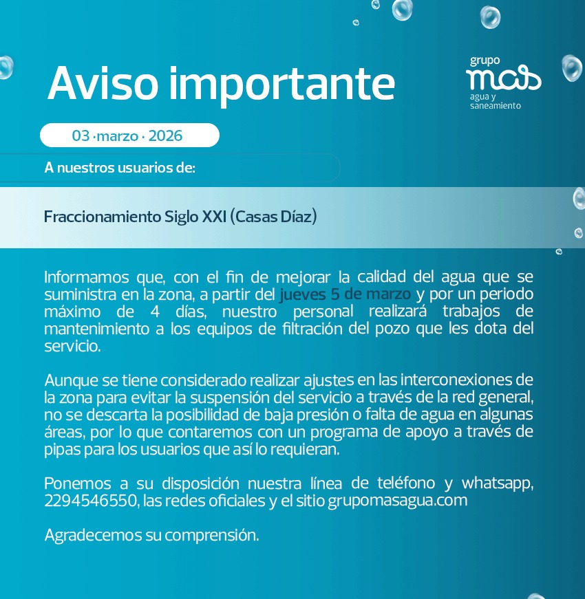 Por mantenimiento posible escasez de agua en fraccionamiento Siglo XXI del 5 al 8 de marzo