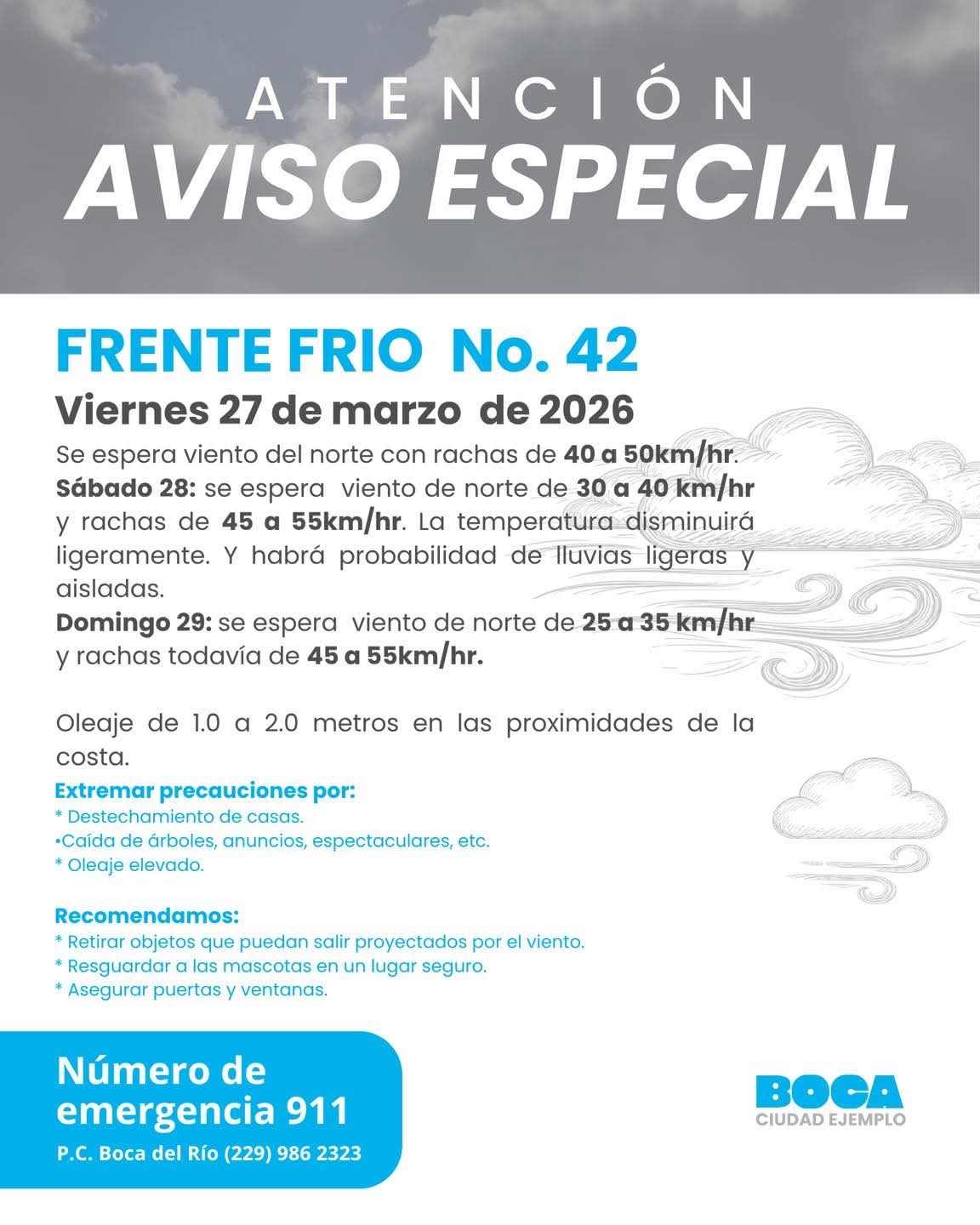 Alerta Protección Civil de Boca del Río por el Frente Frío número 42