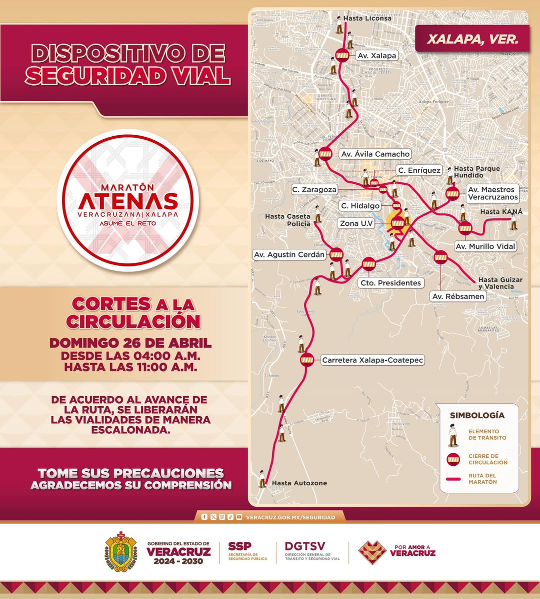 Habrá cierres viales en Xalapa por Maratón Atenas este domingo