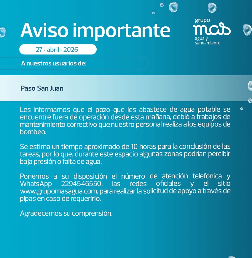 Suspenderán servicio de agua en Paso San Juan por mantenimiento