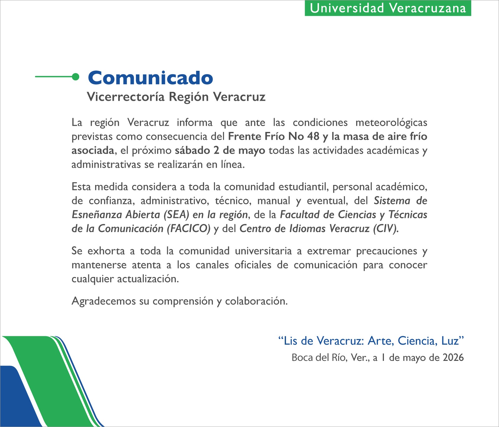 UV suspende clases presenciales en campus Veracruz y Poza Rica-Tuxpan por Frente Frío 48