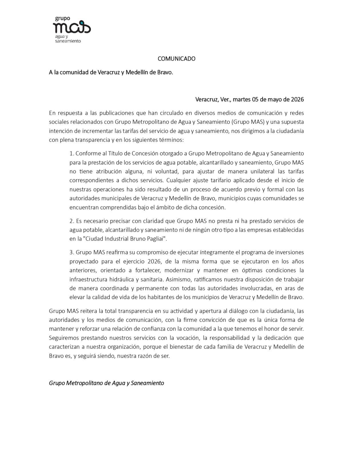 Grupo MAS descarta aumento unilateral de tarifas en Veracruz