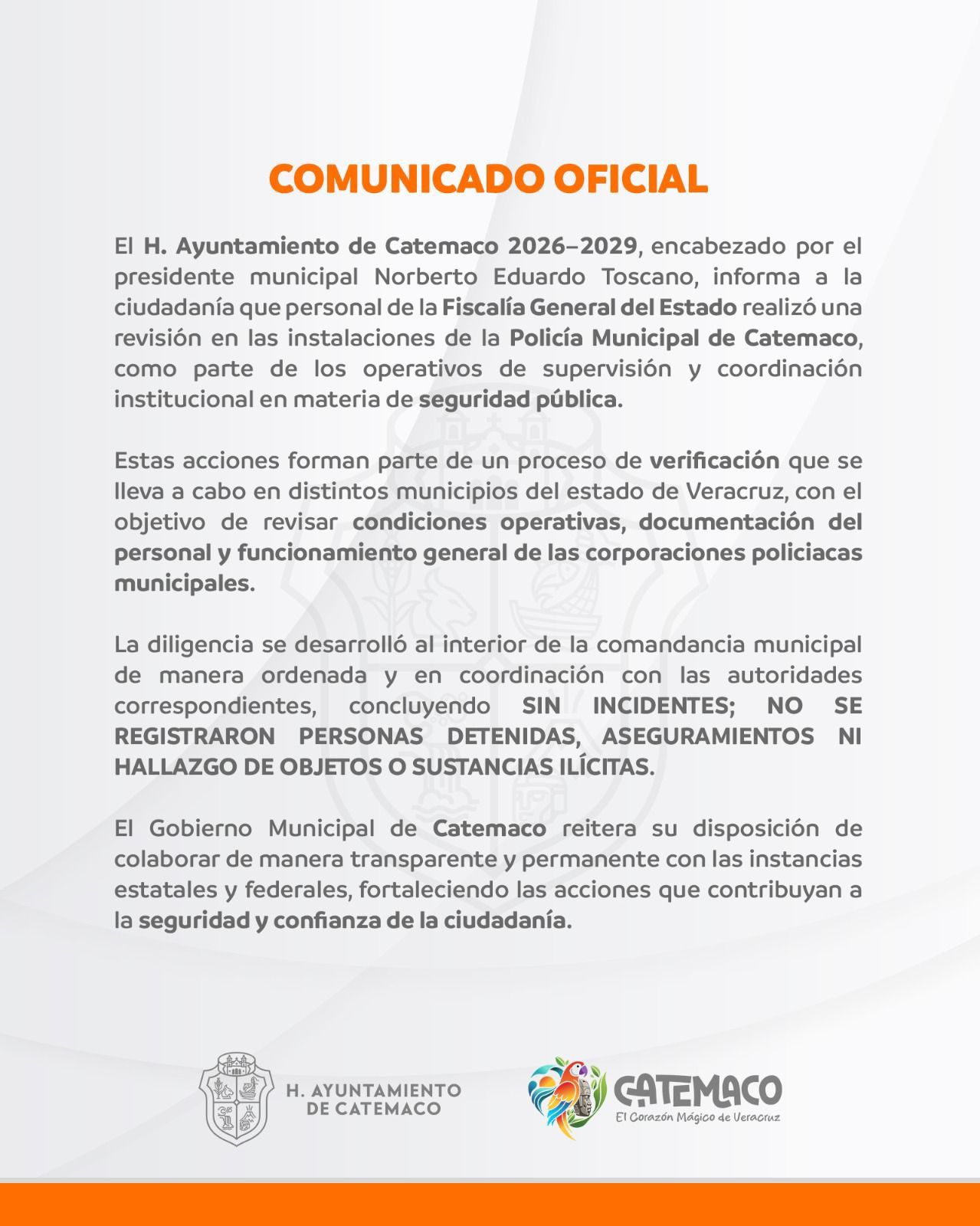 Operativo en Catemaco concluye sin detenidos ni aseguramientos: Ayuntamiento
