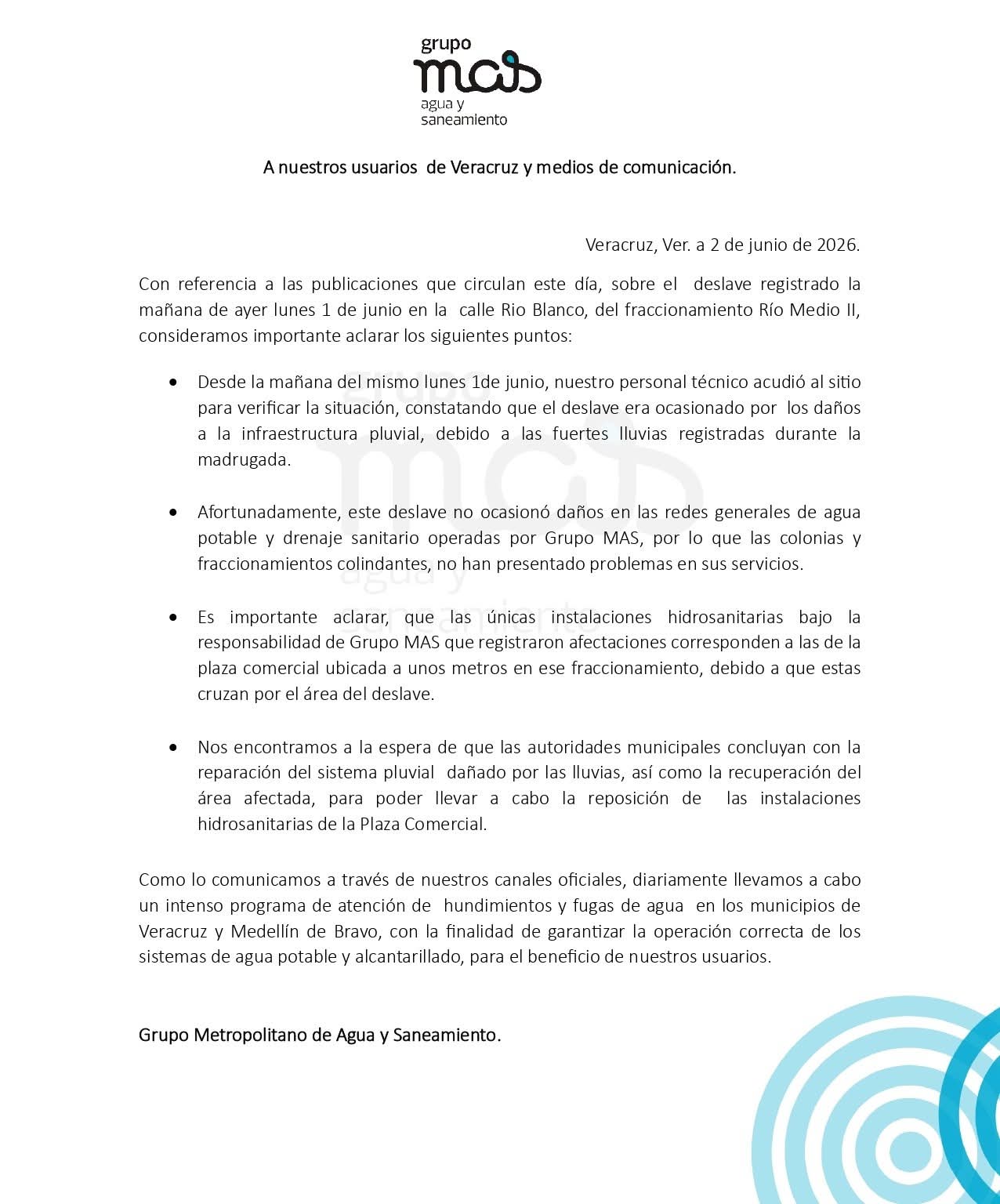 Deslave en Río Medio II no dañó red de agua: Grupo MAS