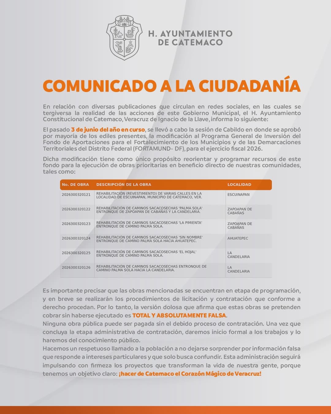 FORTAMUND 2026: Catemaco aclara programación de obras