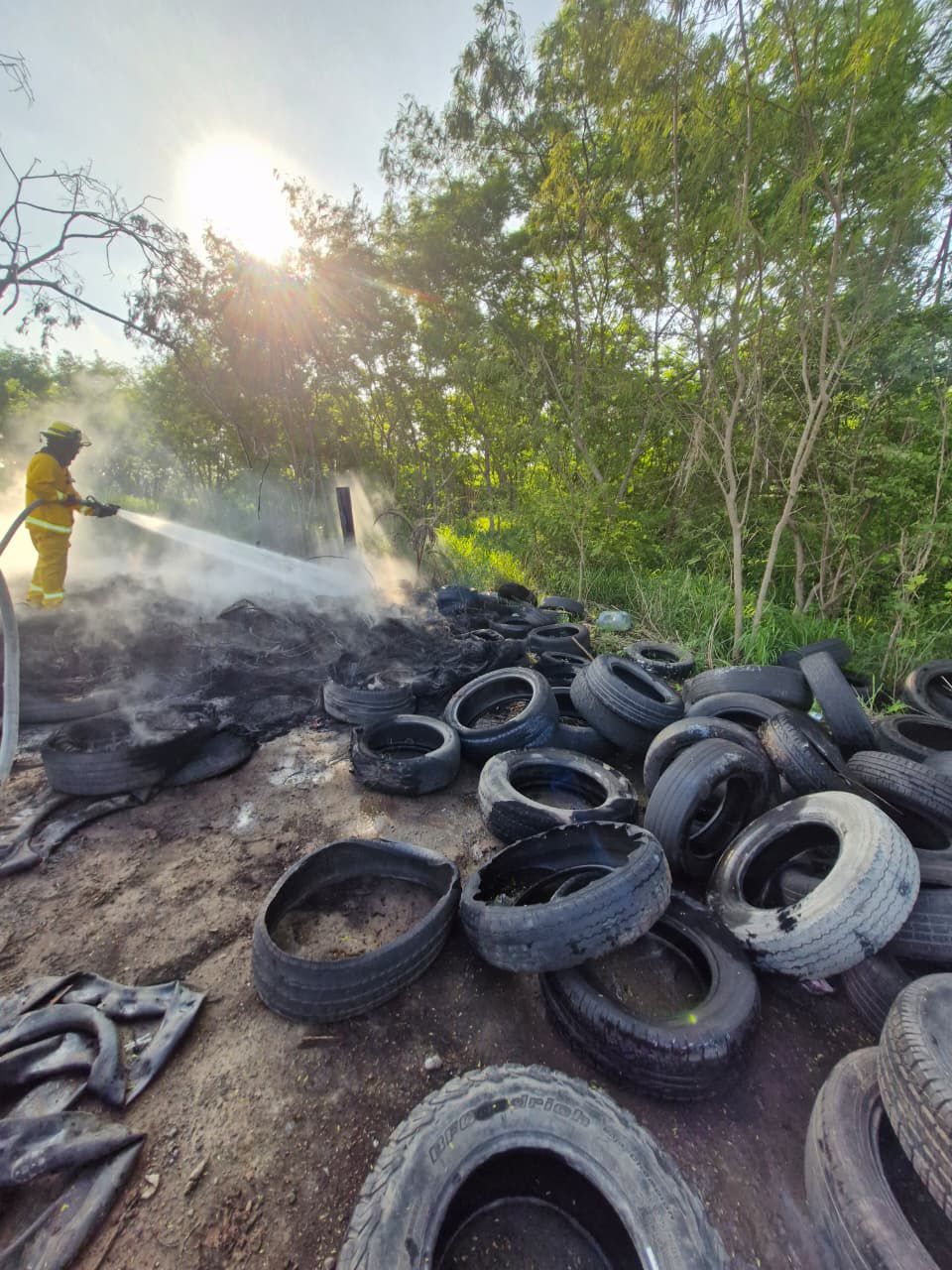 Provocan incendio con quema de llantas en un área verde del fraccionamiento Paseo de las Palmas II de Veracruz