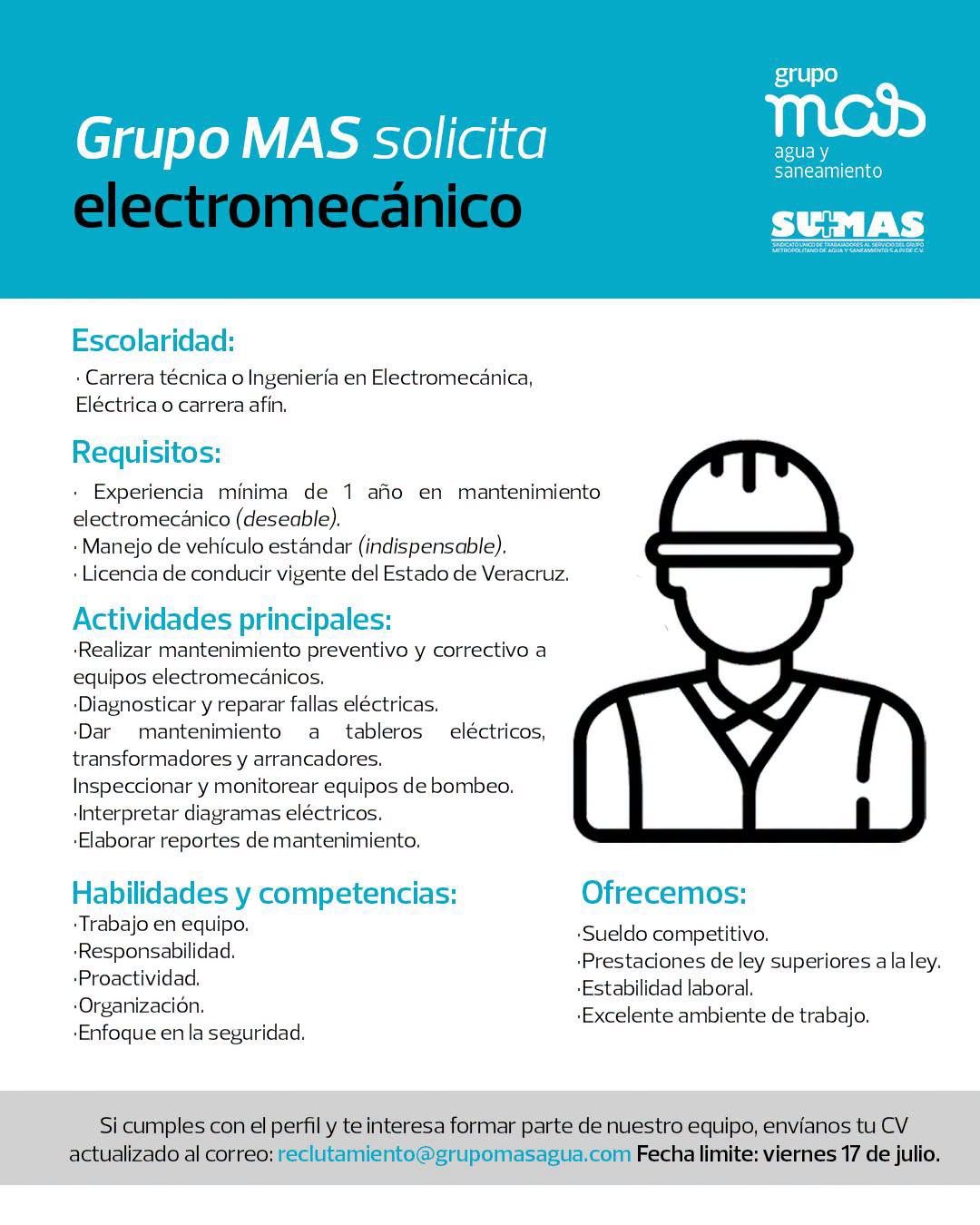 Grupo MAS abre vacante para electromecánico en Veracruz
