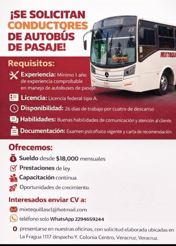 Autobuses de la Mixtequilla ofrece empleos de 18 mil en Veracruz