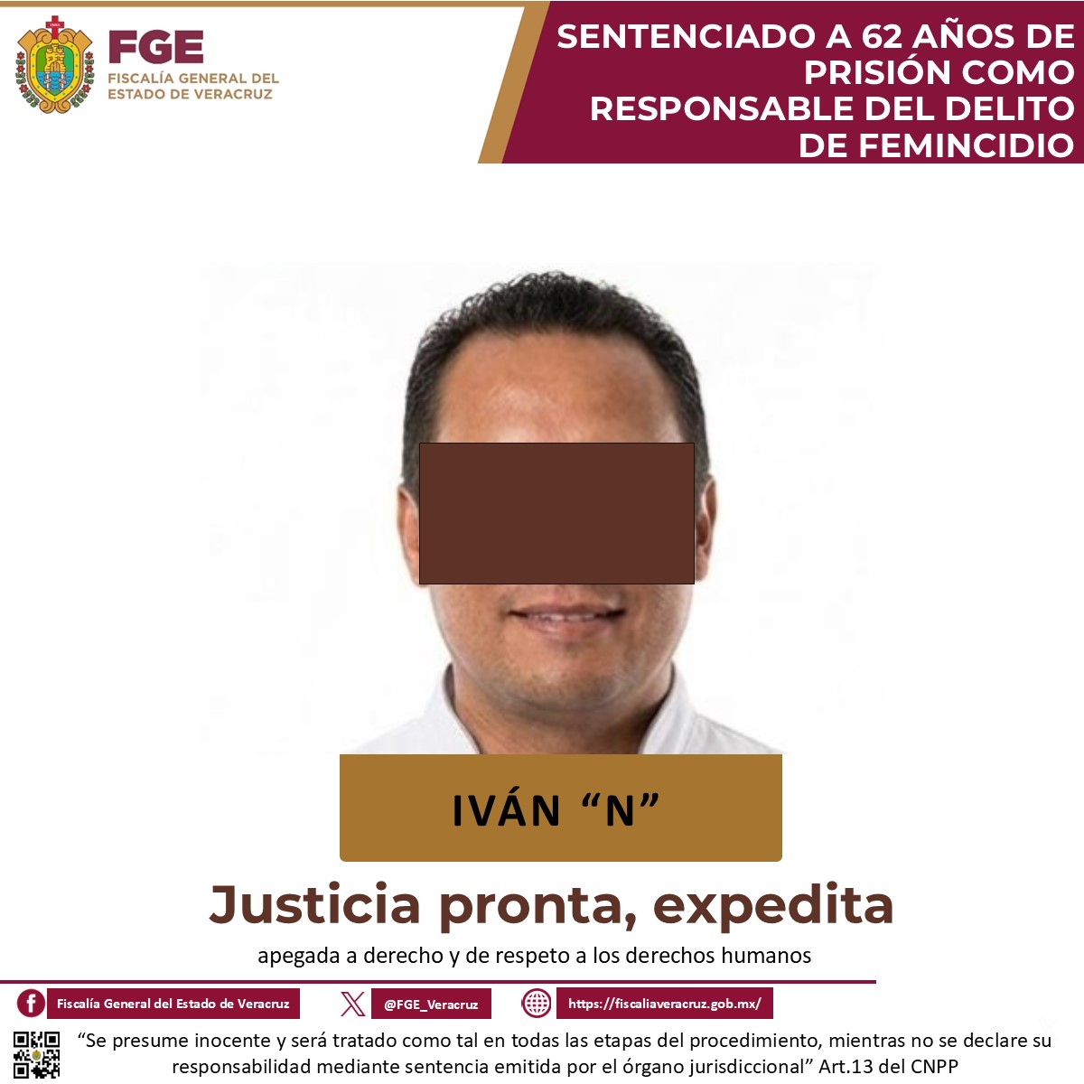 Sentencian a 62 años de prisión a Iván N por feminicidio en Boca del Río