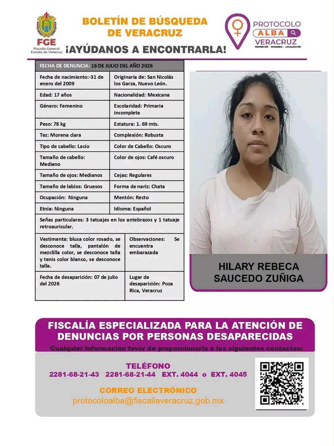 Activan Alerta Amber por embarazada de 17 años desaparecida en Poza Rica