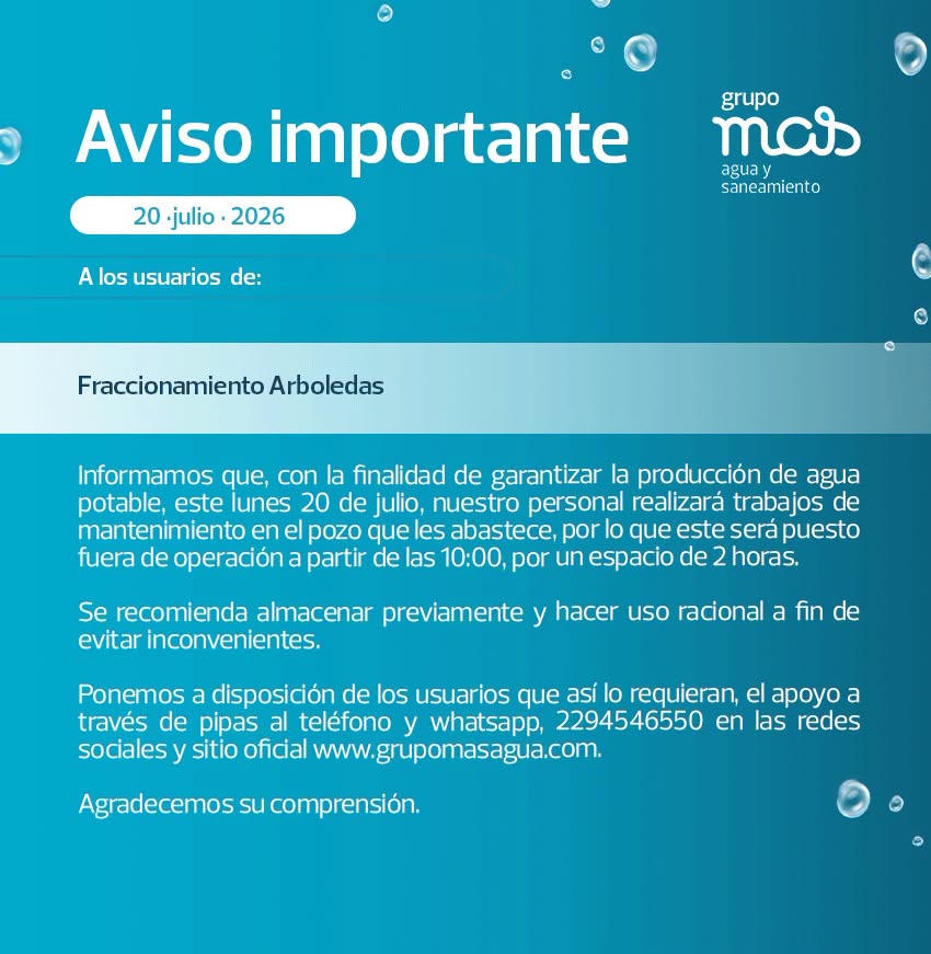 Grupo MAS suspenderá agua en Arboledas por mantenimiento