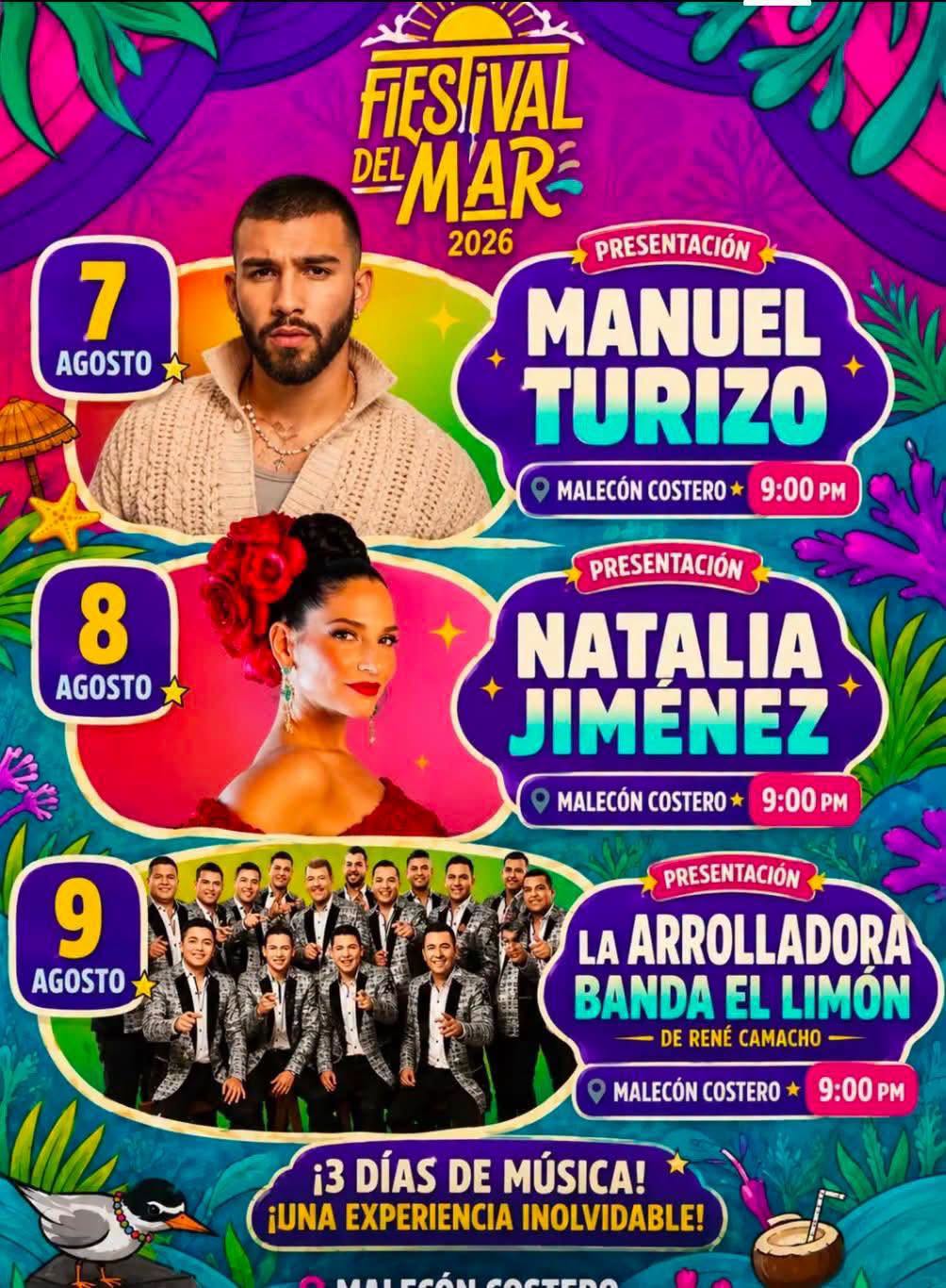 Festival del Mar en Coatzacoalcos reunirá a Manuel Turizo y Natalia Jiménez