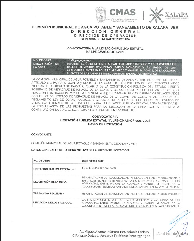 CMAS Xalapa lanza licitación para rehabilitar redes de agua y drenaje en Las Ánimas