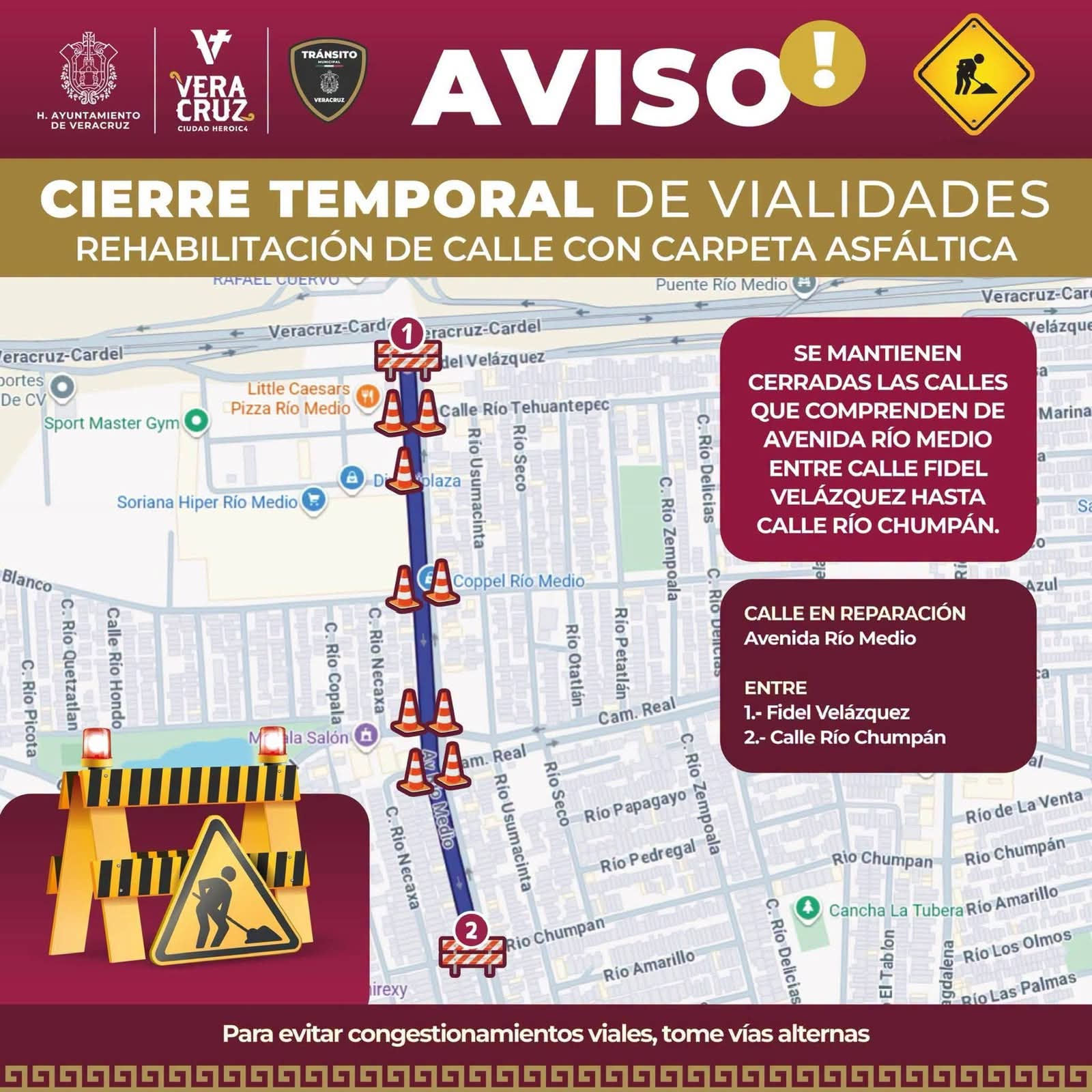 Se mantiene cierre vial temporal en la avenida Río Medio de Veracruz puerto