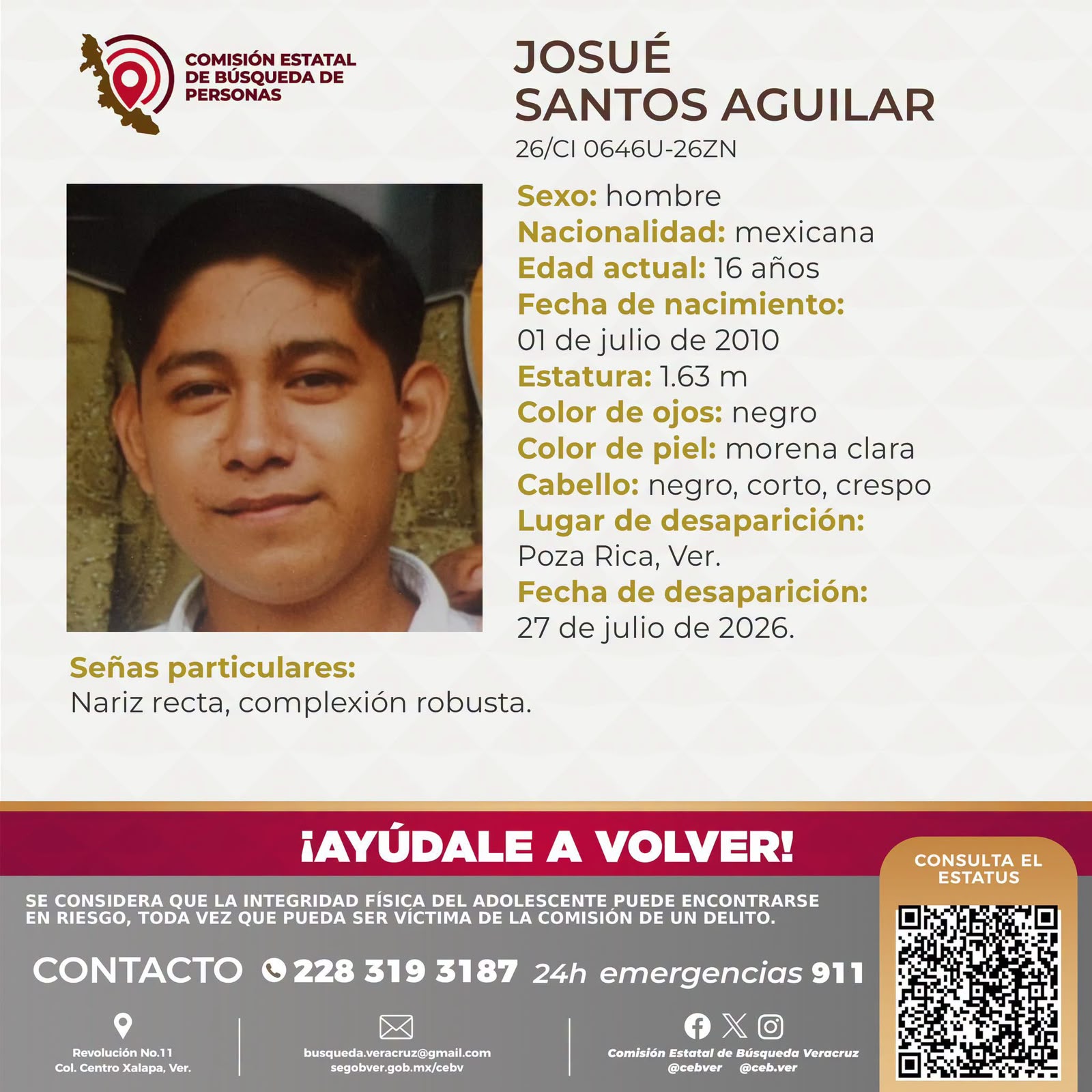 Activan Alerta Amber por desaparición de adolescente en Poza Rica