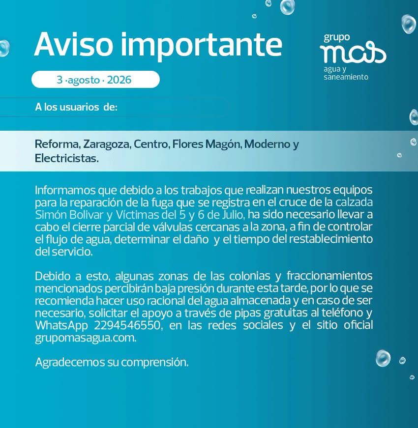 Baja presión de agua afecta seis colonias de Veracruz: Grupo MAS
