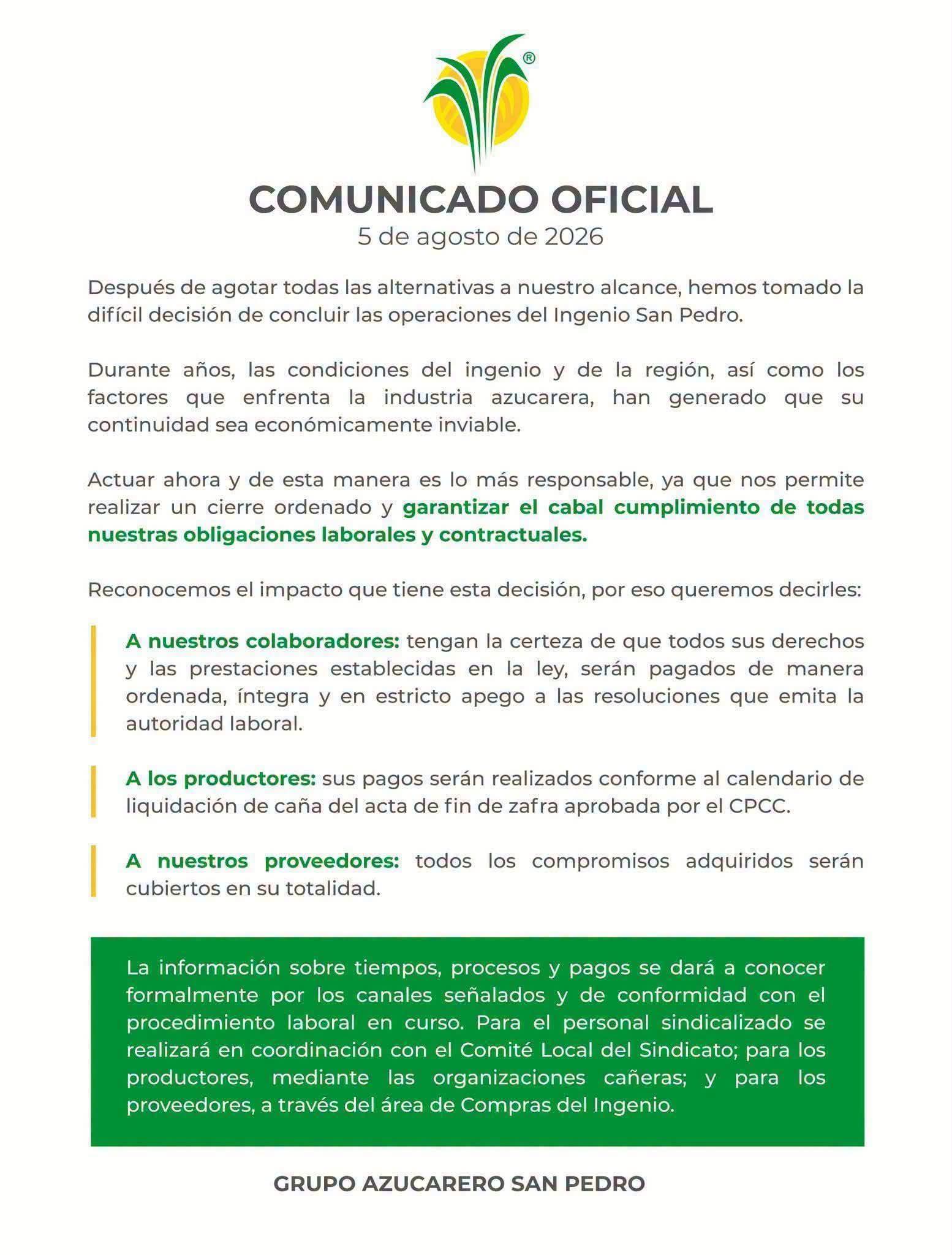 Productores pedirán rescate federal del ingenio San Pedro tras cierre