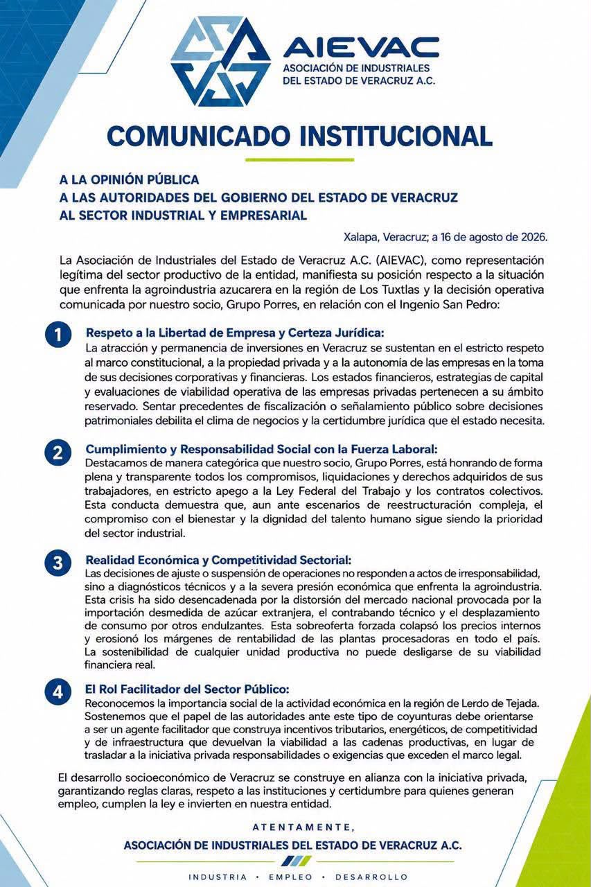 Aievac defiende a Grupo Porres tras cierre del Ingenio San Pedro