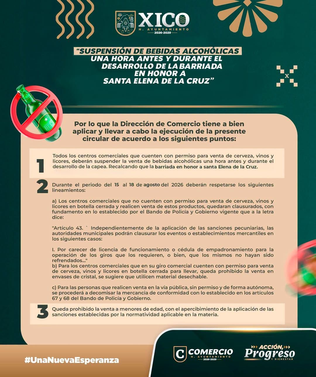 Xico suspende venta de alcohol durante barriada de Santa Elena