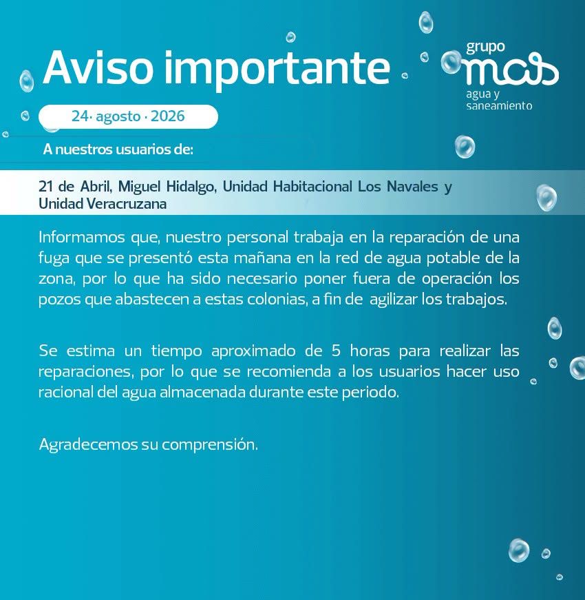 Suspenden agua en cuatro colonias de Veracruz por una fuga