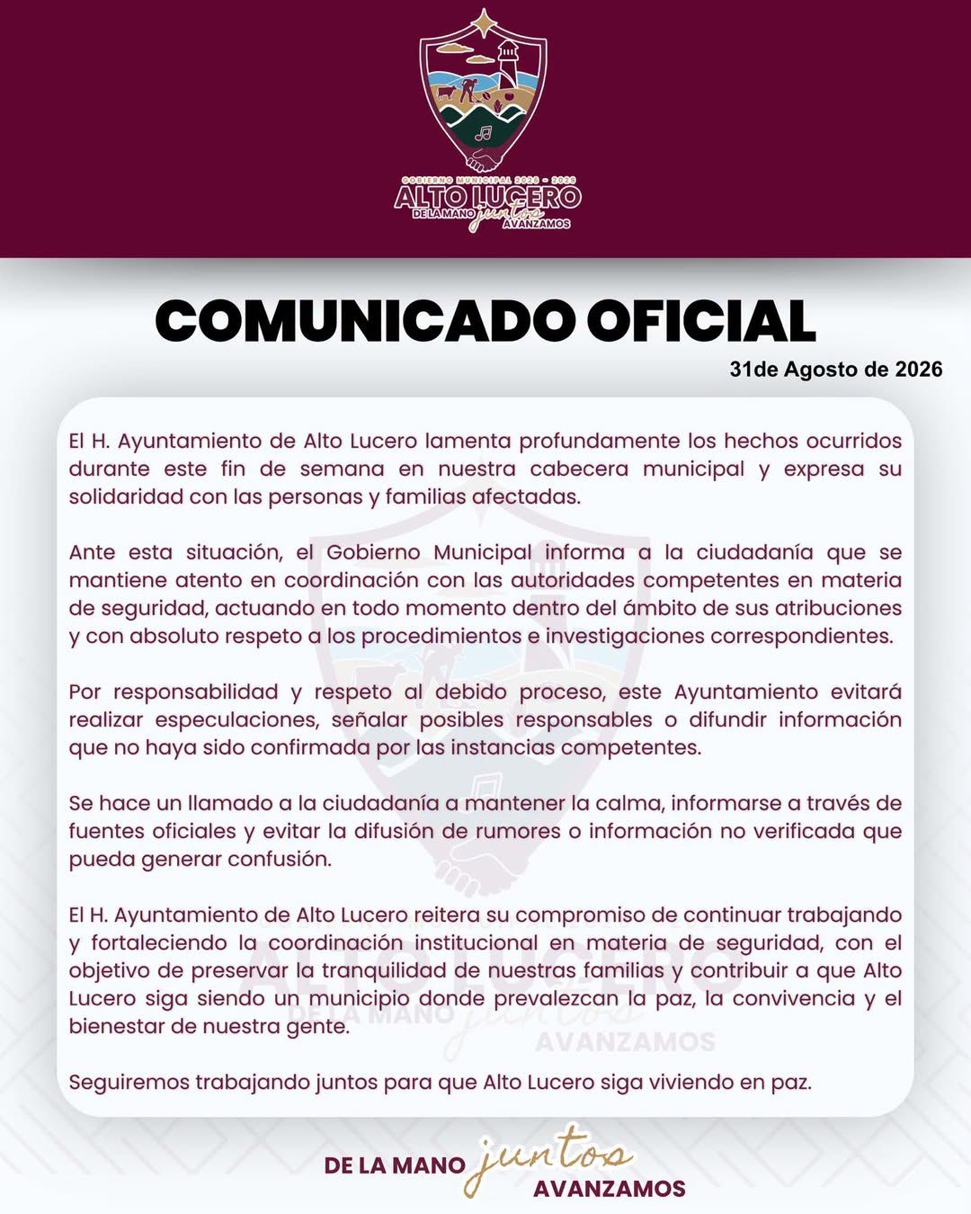 Tras enfrentamiento con dos muertos, Ayuntamiento de Alto Lucero pide evitar rumores