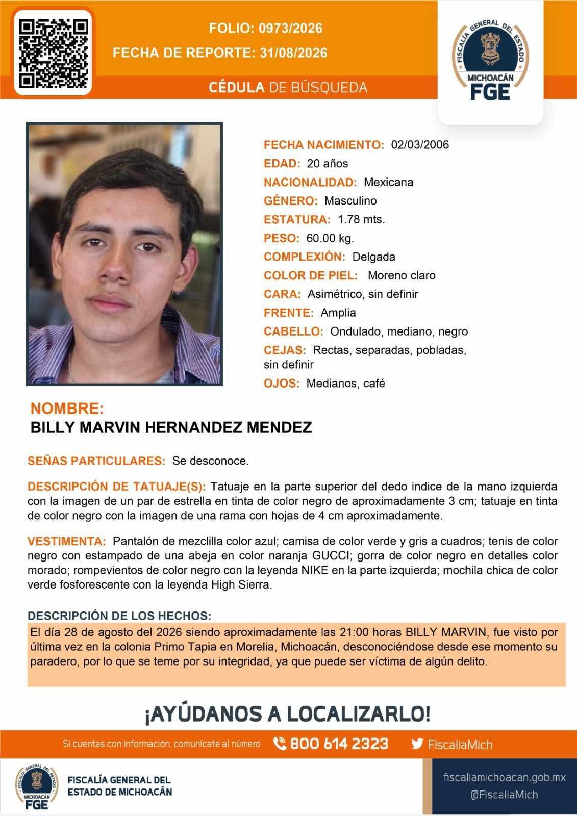 Buscan en Morelia a joven de Ixhuatlán del Café reportado desaparecido