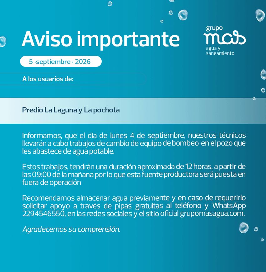 Suspenderán temporalmente pozo que abastece a La Laguna y La Pochota en Veracruz