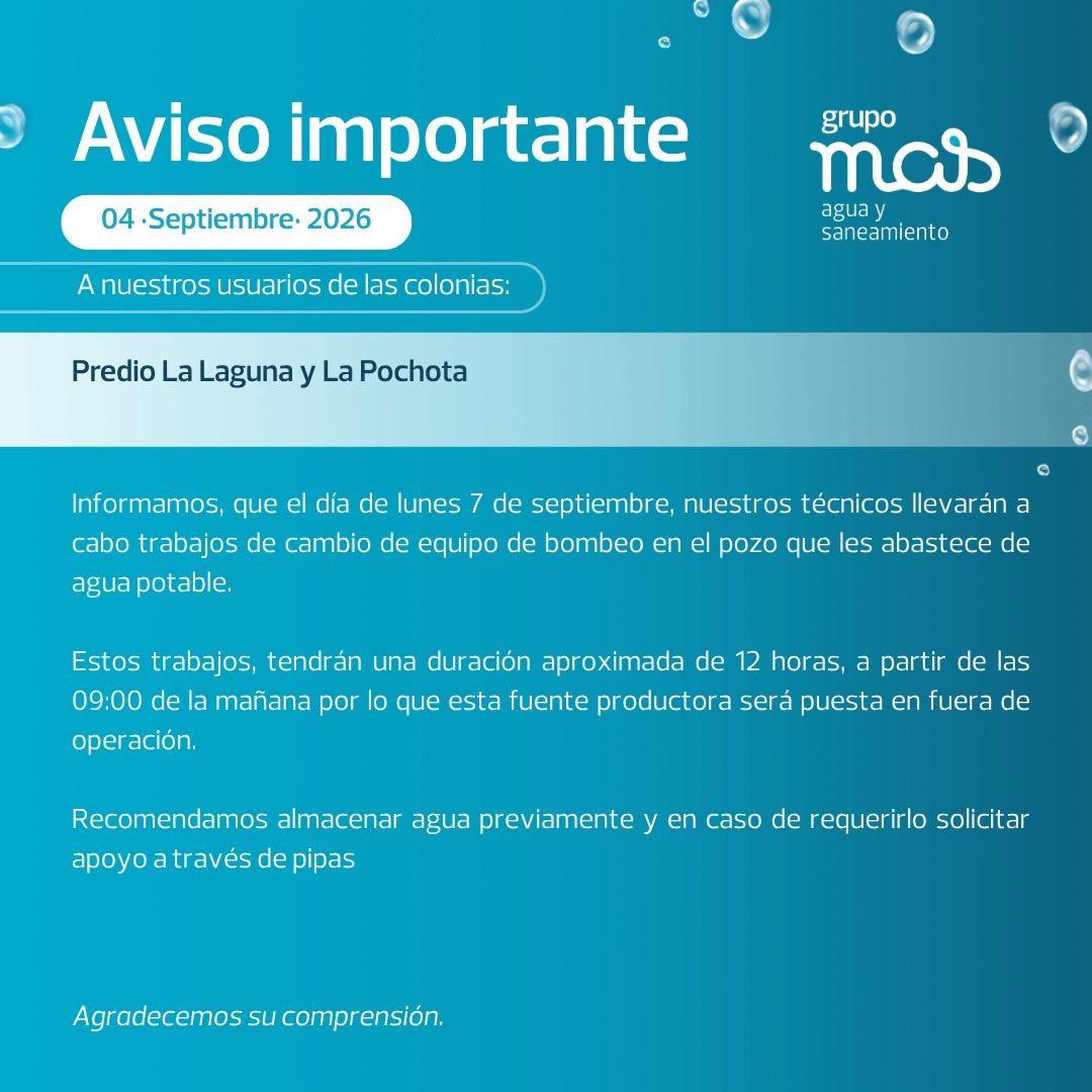 Grupo MAS suspenderá agua en dos colonias de Veracruz este lunes