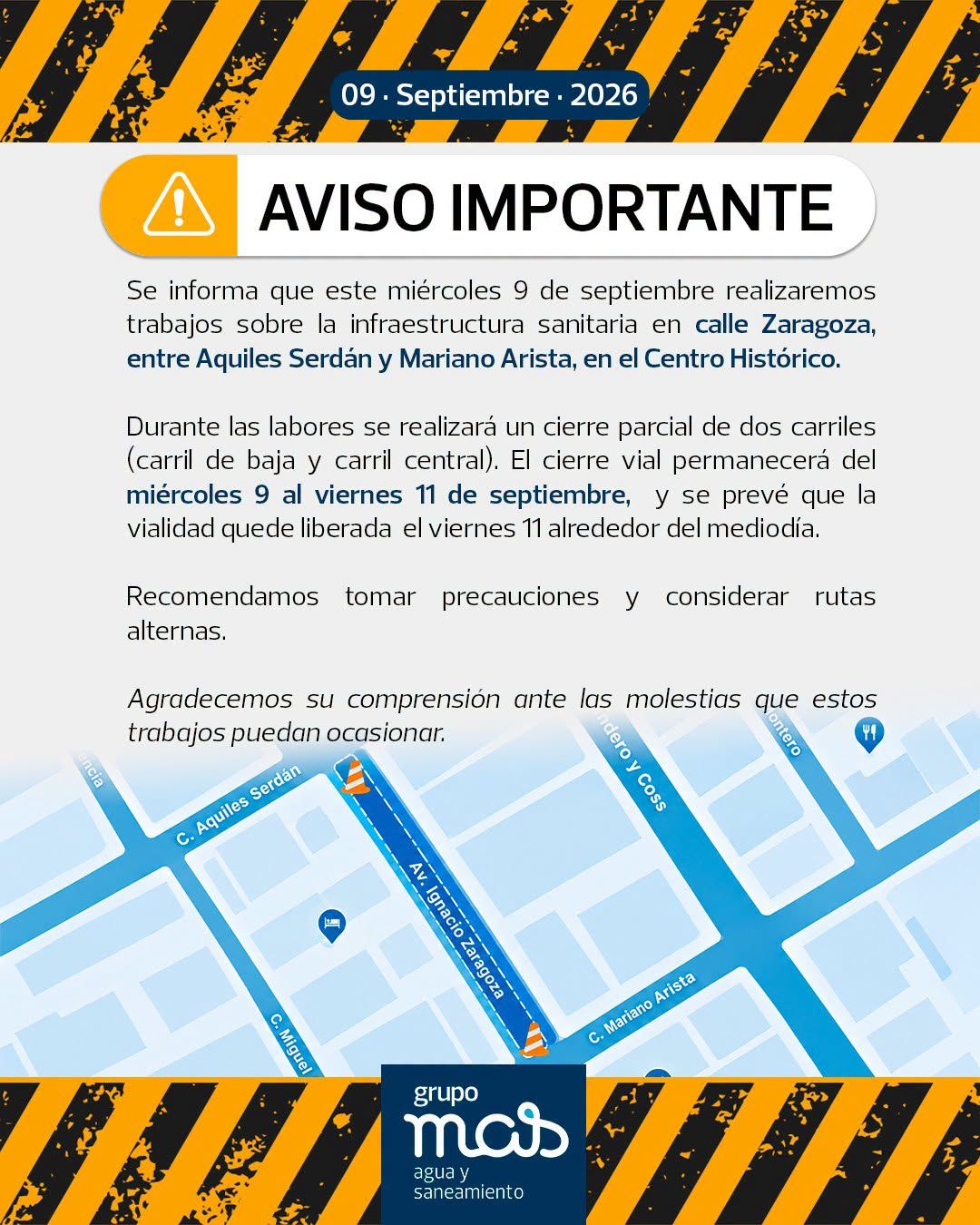 Cierre parcial en avenida Zaragoza afectará Centro de Veracruz