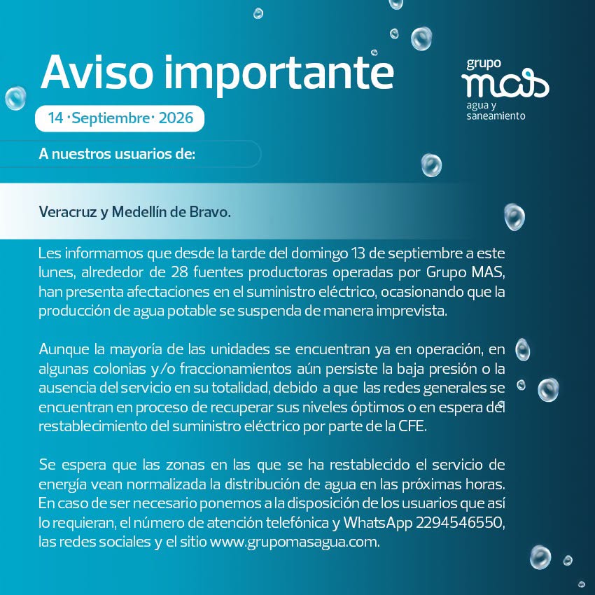 Fallas eléctricas afectan abasto de agua en Veracruz y Medellín