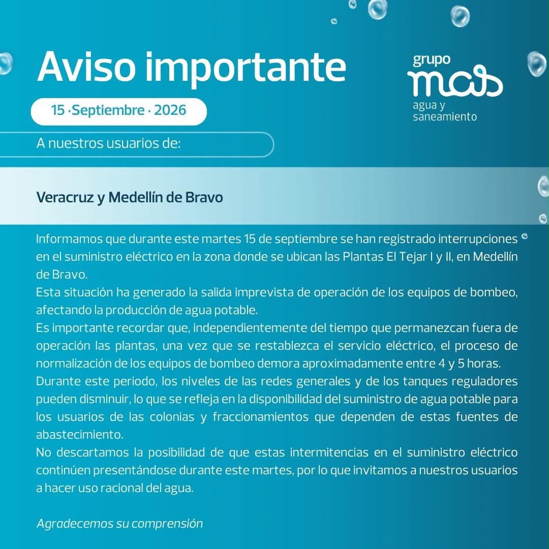 Intermitencias eléctricas afectan suministro de agua en Medellín de Bravo