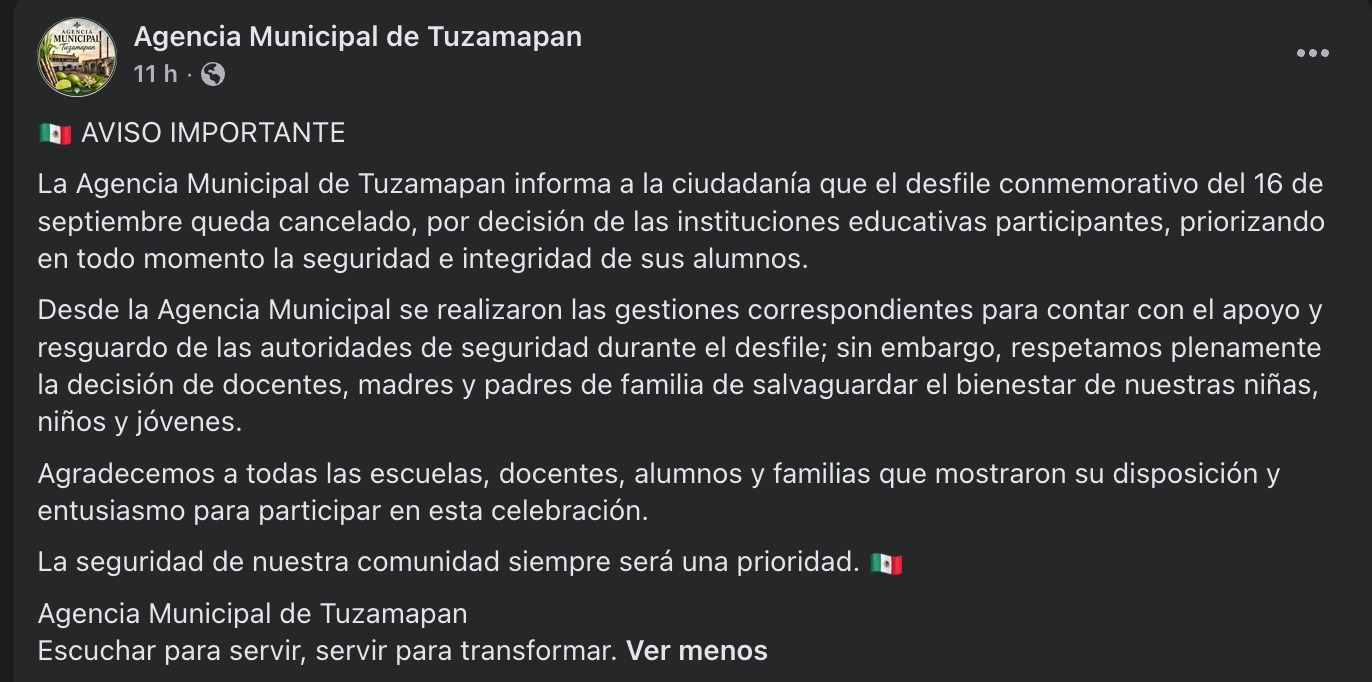Cancelan desfile del 16 de septiembre en Tuzamapan por presunta amenaza