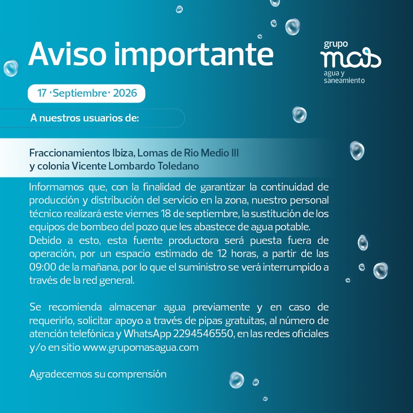 Suspenden agua este viernes en tres regiones de Veracruz por 12 horas