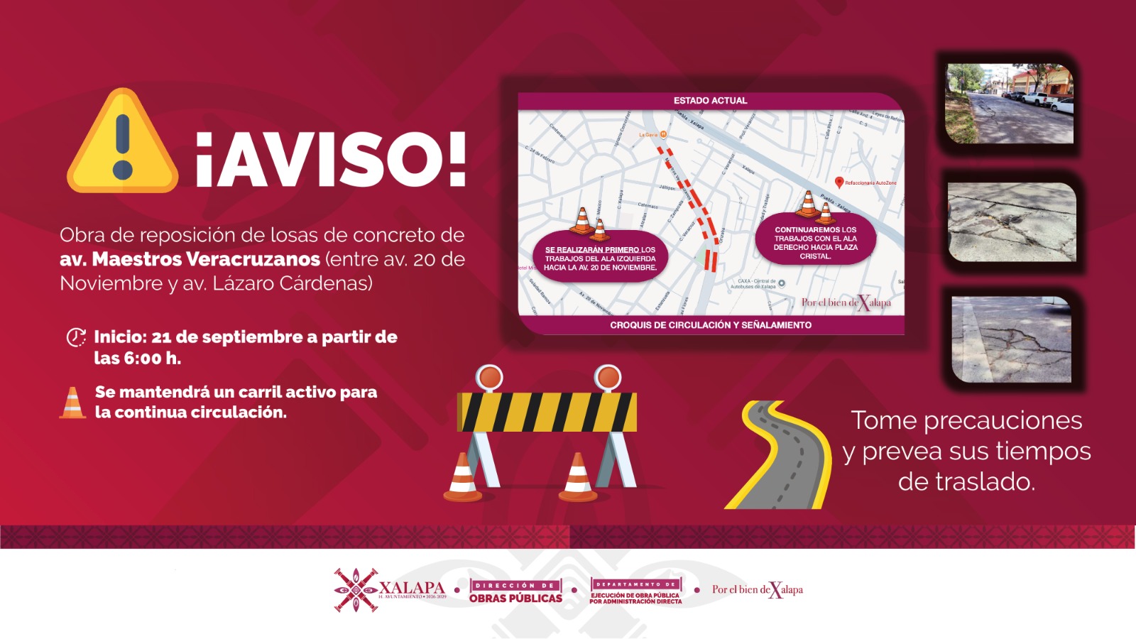 Xalapa: obras afectarán Maestros Veracruzanos durante 14 días