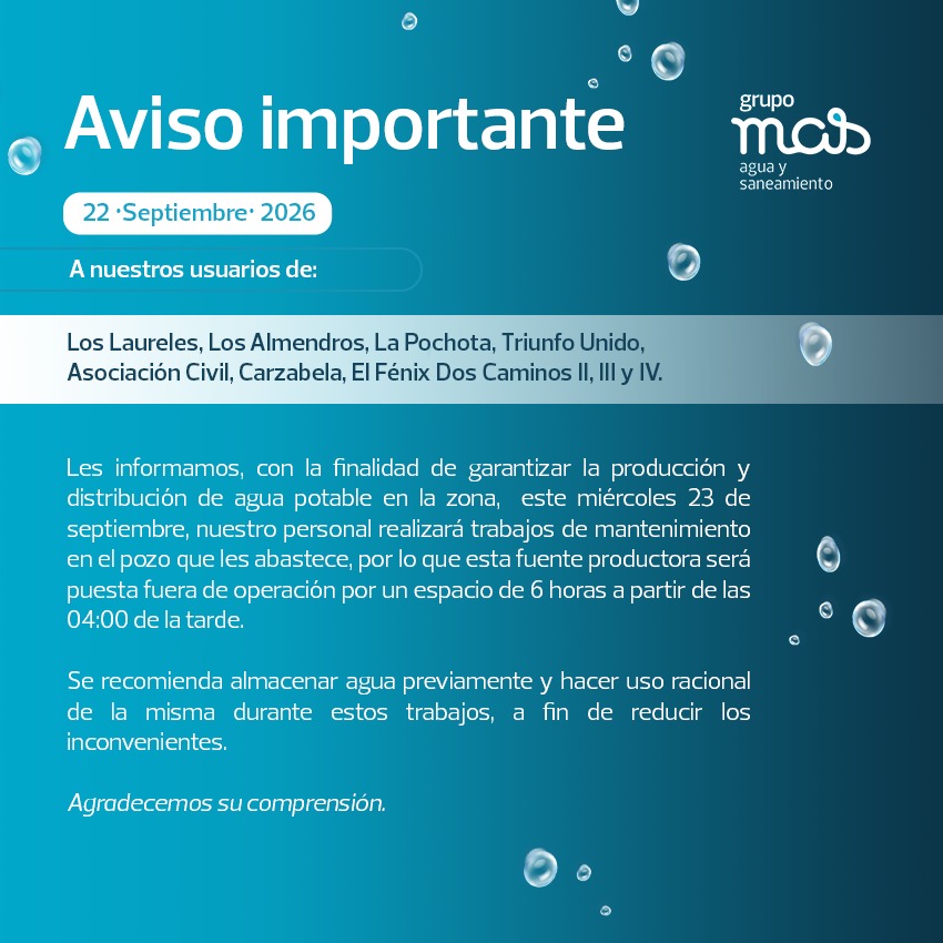 Grupo MAS suspenderá agua seis horas en estas colonias el miércoles
