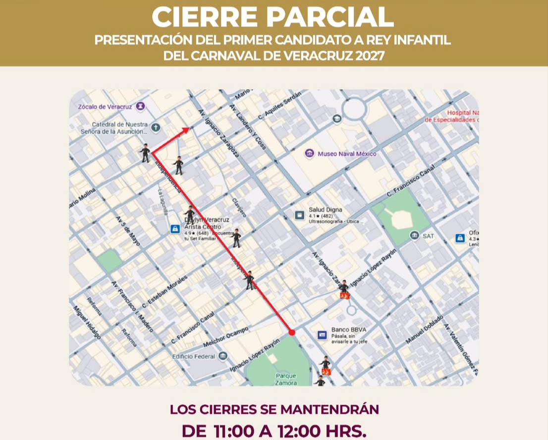 Habrá cierre vial este miércoles por papaqui de primer candidato a rey infantil del Carnaval de Veracruz 2027